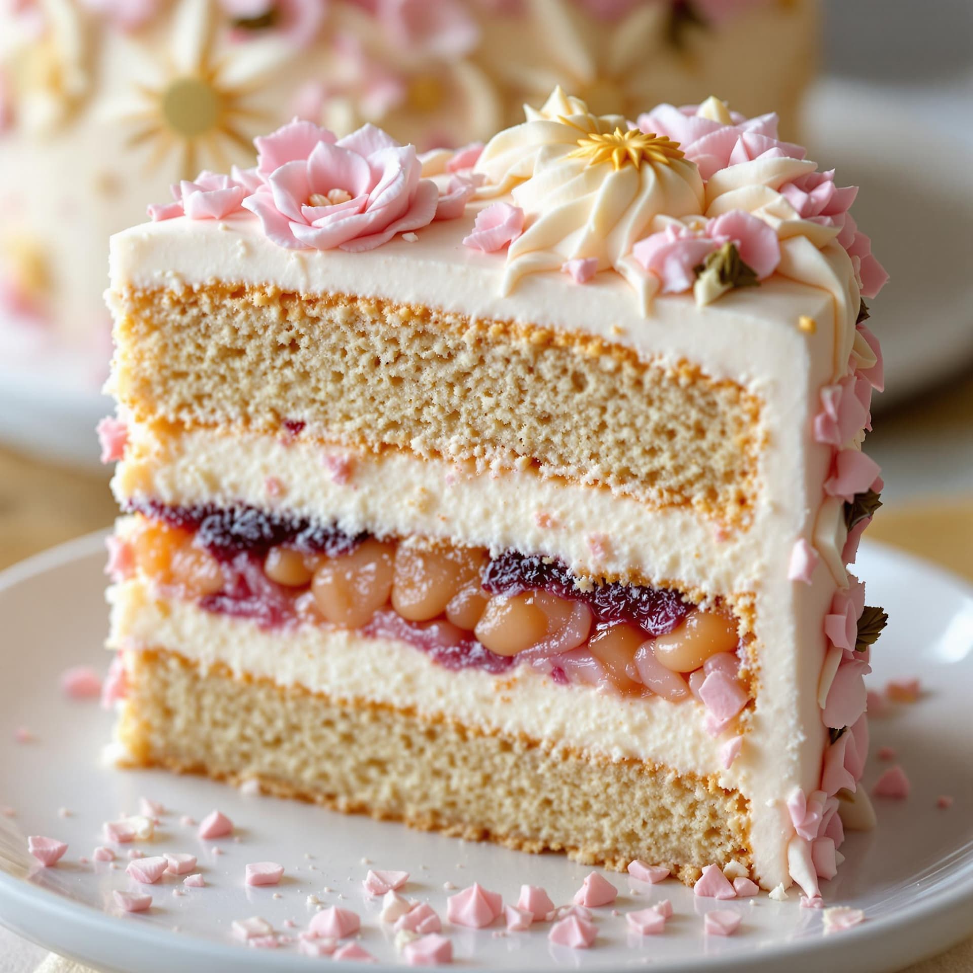 AI generated: Close up photograph of a slice of layered cake with a cherry blossom theme, a layer of fruit filling...