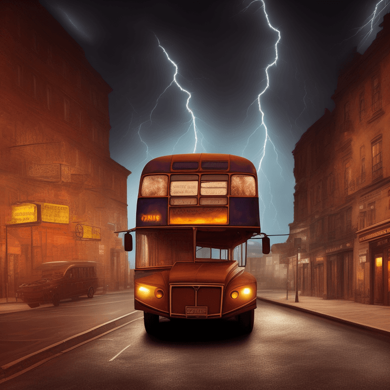 AI generated: far away view a bus parked in the street, angled, lightning night, mysterious, hyperrealism, steampu...