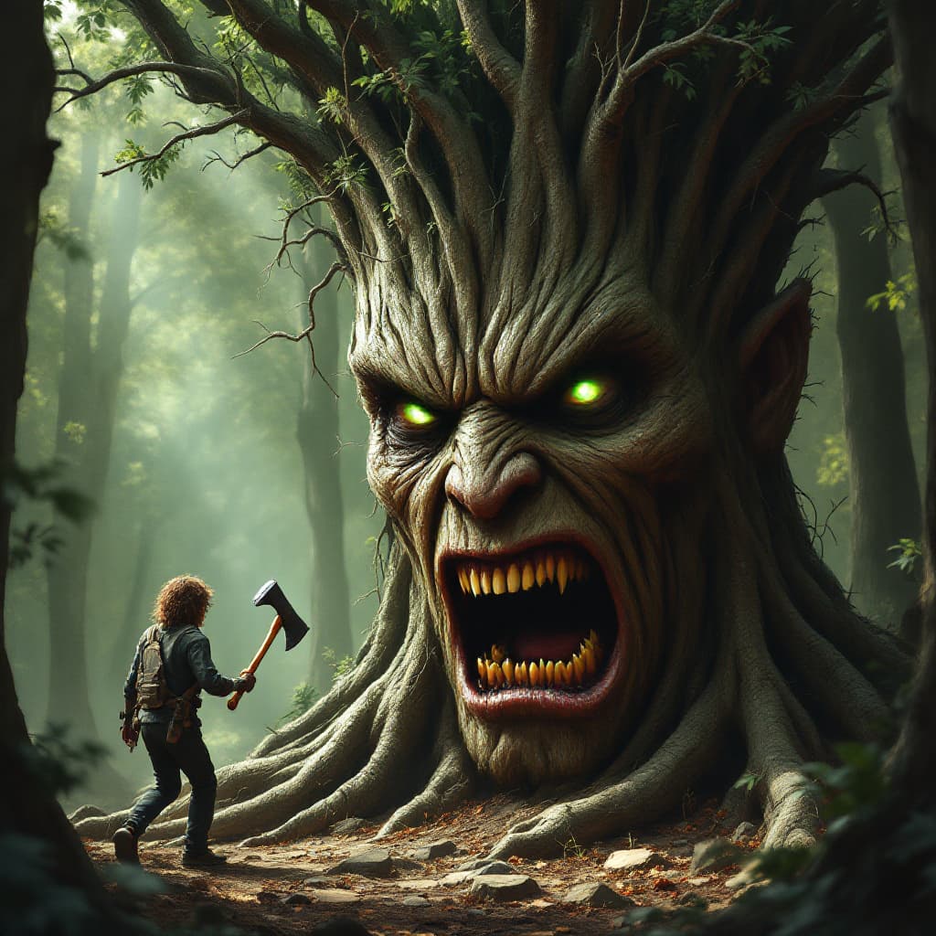 AI generated: Create an image depicting an "arbomorph" face showing intense anger as a person approaches with an a...