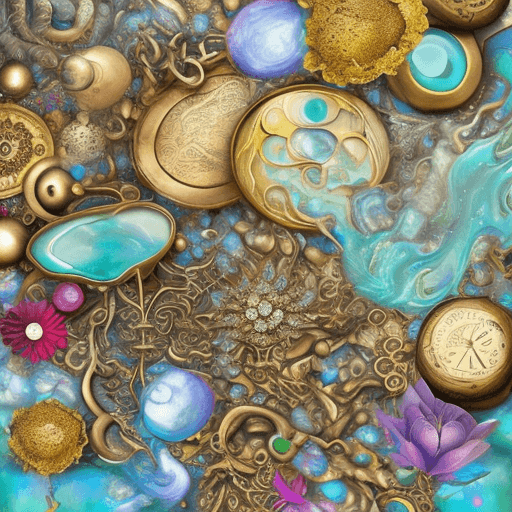 AI generated: digitally creative psychedelic collage, large lily flower, steampunk, alchemist, workshop, chemistry...