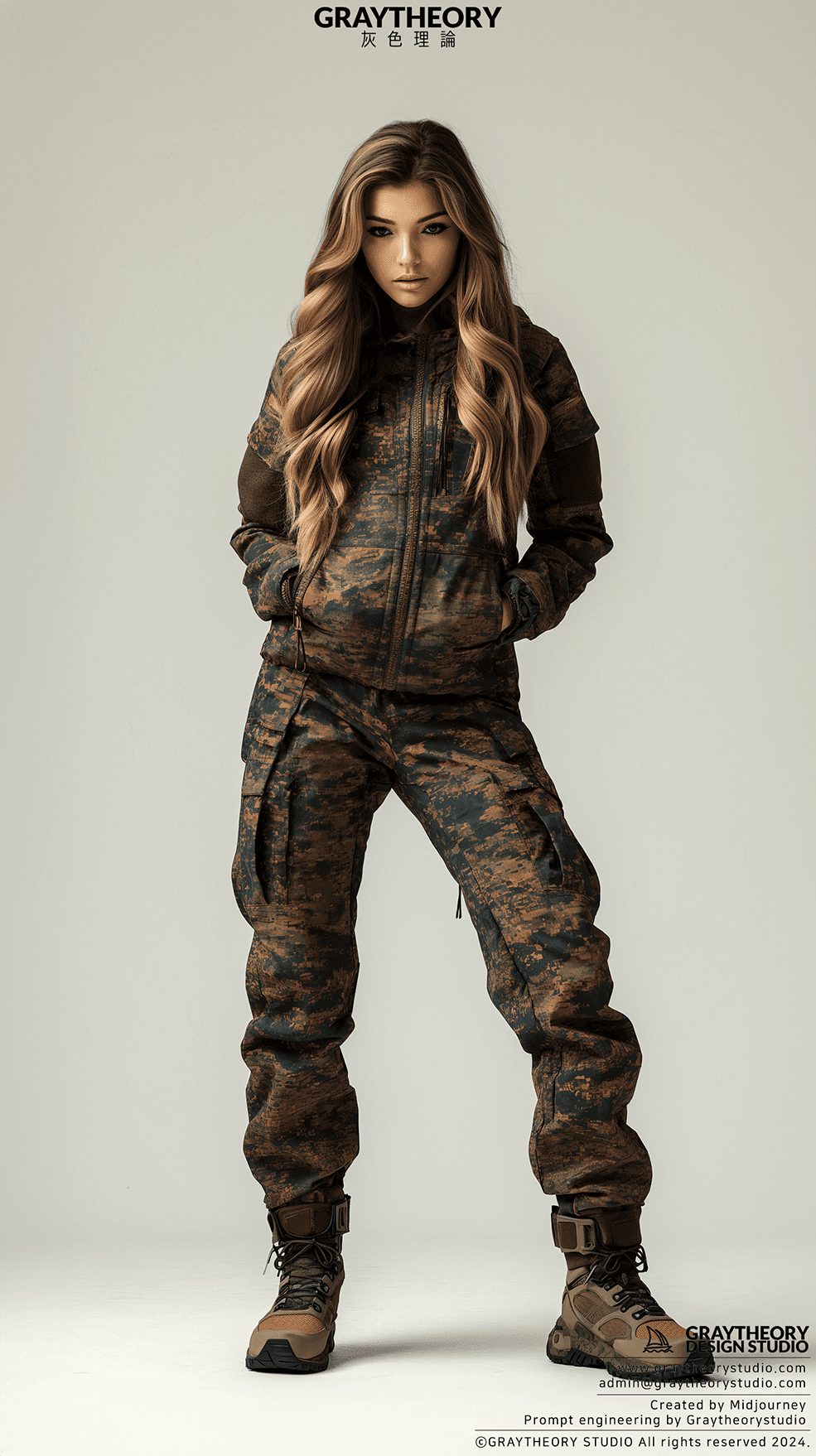 AI generated: Photograph, full-body, woman, model, minimalist millitary, stylish hair, gaze, solid environment, st...