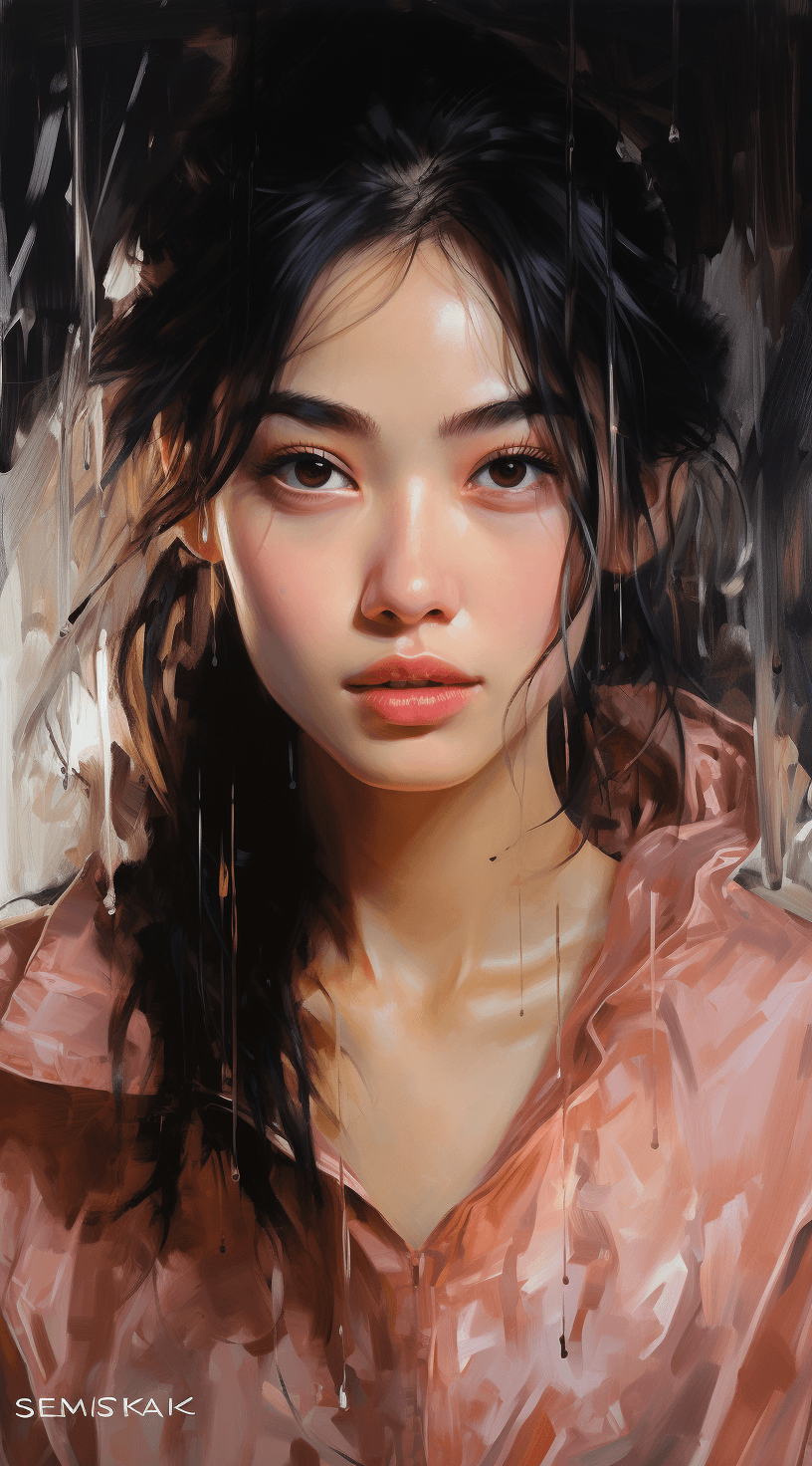 AI generated: an Asian woman, in the style of light amber and pink, blurred imagery, shiny/glossy, melting, drugco...