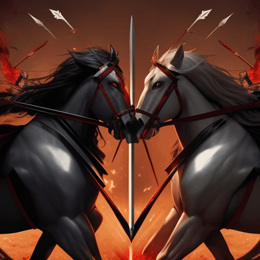 AI generated: two kings facing each other in the middle of battle with red eyes and full of passion, using swords,...