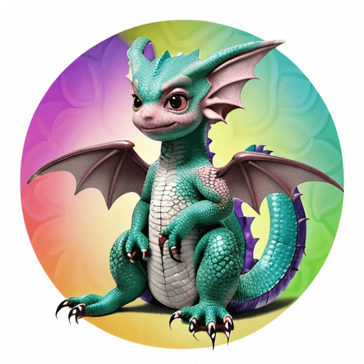 AI generated: A playful and colorful baby dragon with bulging cheeks, big eyes, and small wings. Its body is cover...
