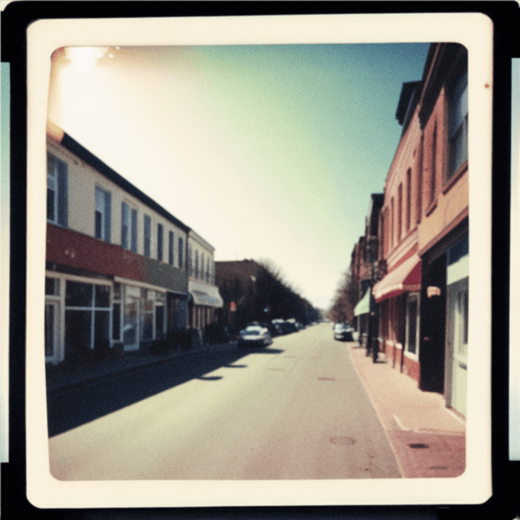 AI generated: Urban street in small town, clear sky, harsh light, polaroid photo with white border, analog photogr...