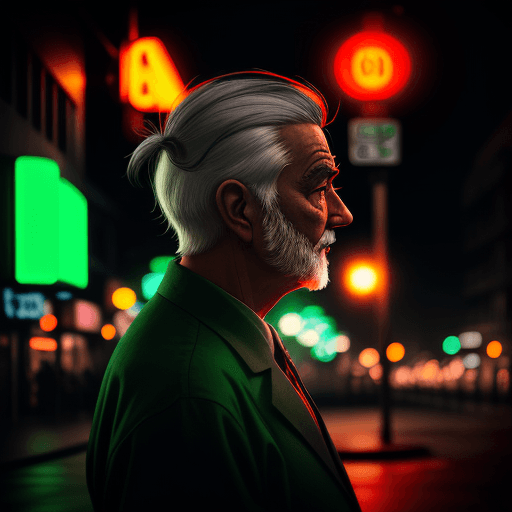 AI generated: Side view of silhouette gray-haired old man in the green and red neon street lights, volumetric ligh...