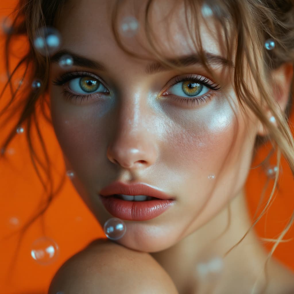 AI generated: photography, orange tone, a Scandinavian model with beautiful eyes, with penetrating gaze, showing h...