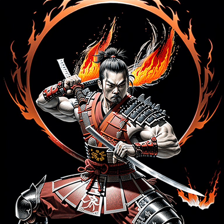 AI generated:  depicts a muscular, armored samurai warrior in a dynamic pose, holding a katana, and surrounded by ...