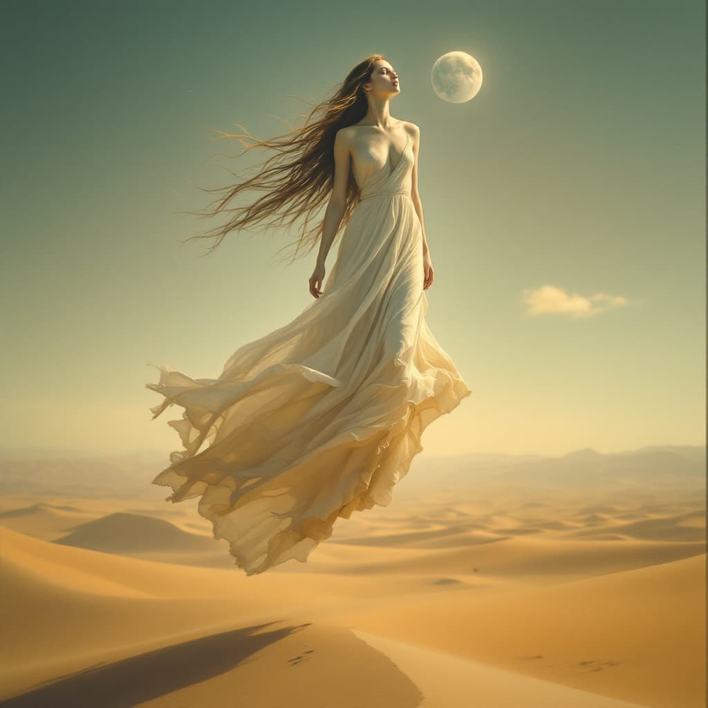 AI generated: A melancholic desert seer, her long hair absorbing light, and her skin appearing to shift like the s...