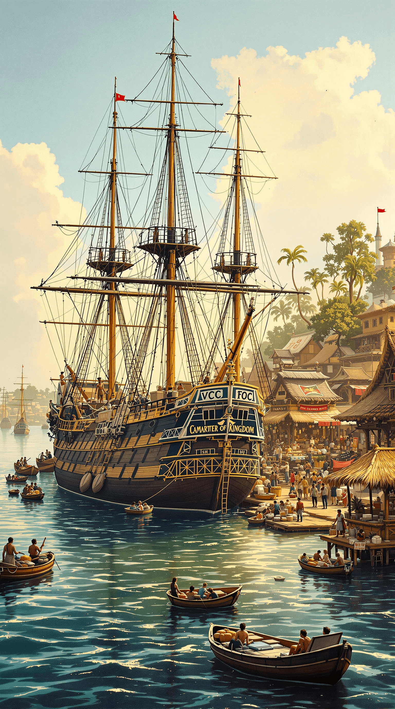 AI generated: Create a historical illustration from the perspective of the sea, showing the VOC ship Boterbloem do...