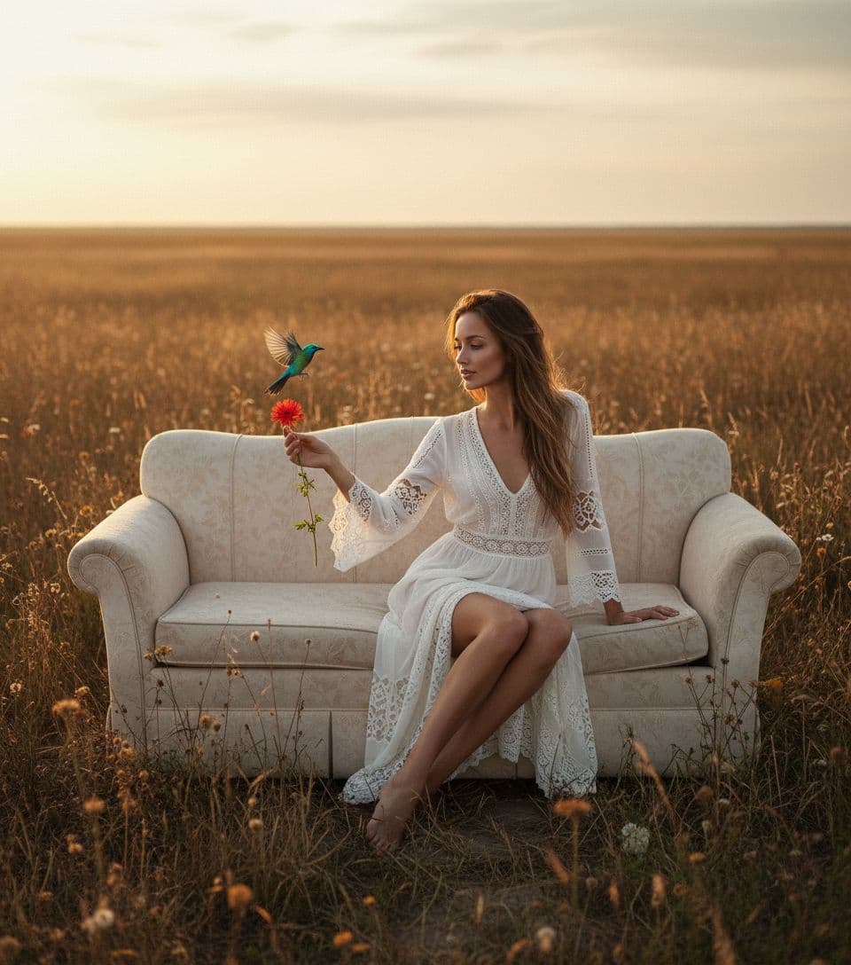 AI generated: a woman sitting on top of a couch in a field, skinny girl in white boho lanced dress, lalisa manobal...