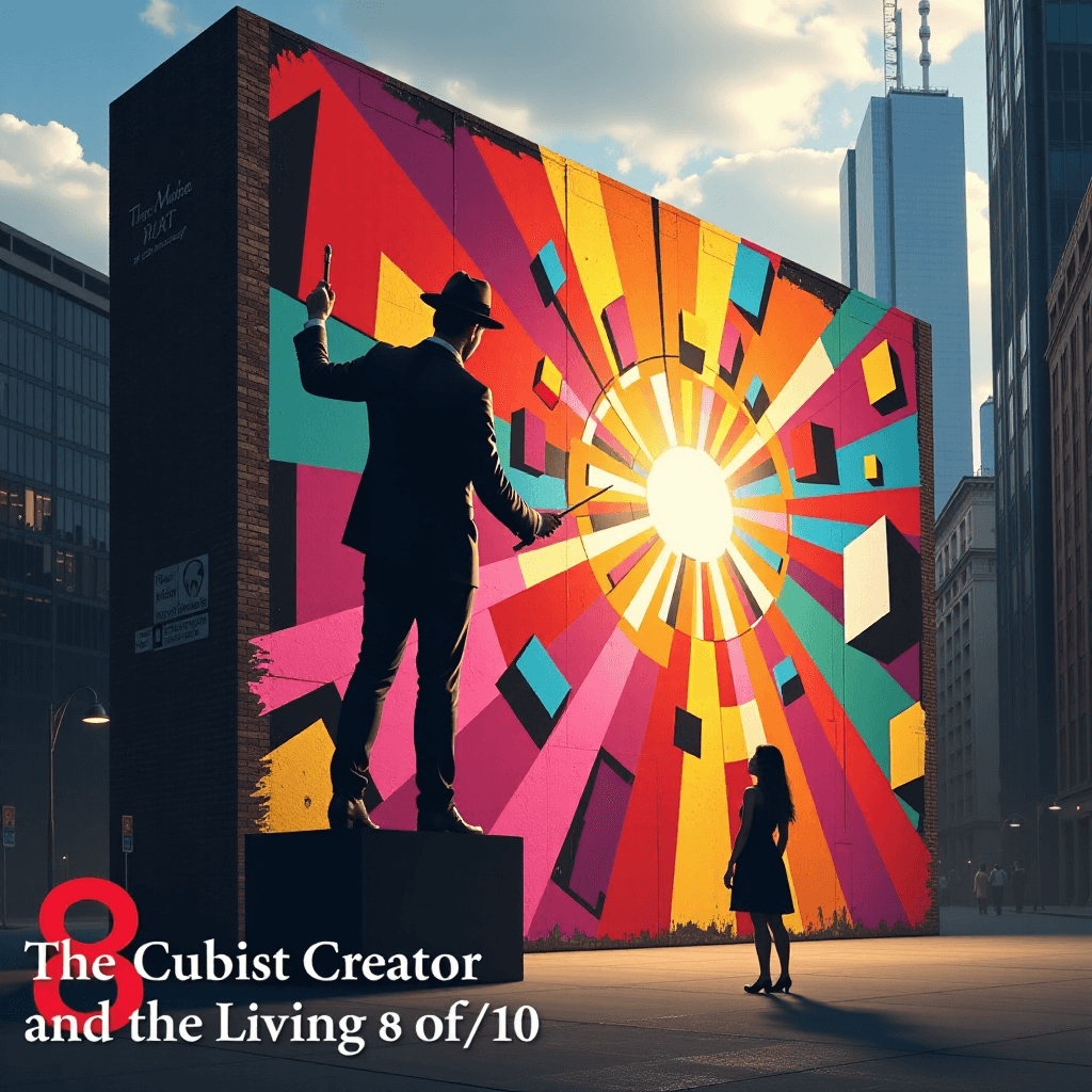 AI generated: The Cubist Creator and the Living Art - 8 of 10: An artistic confrontation in the surreal cityscape....