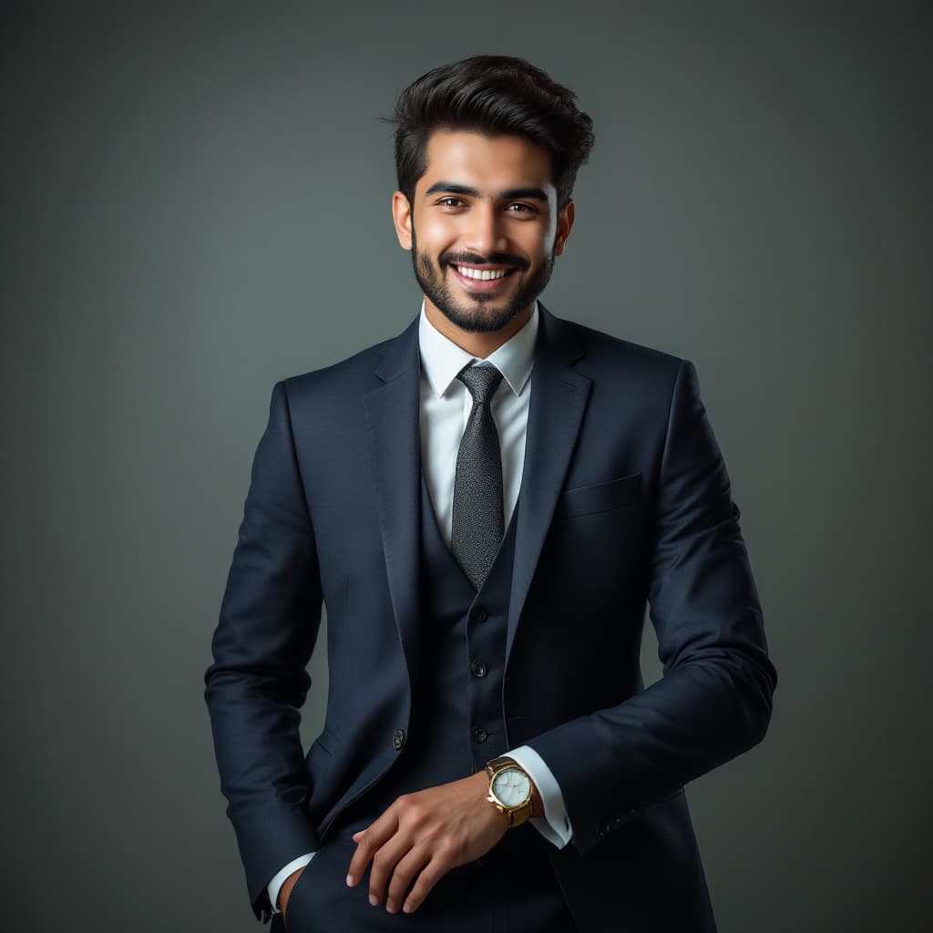 AI generated: High resolution photography  A man wear good and professional suite he  is 17 years old Pakistani bo...