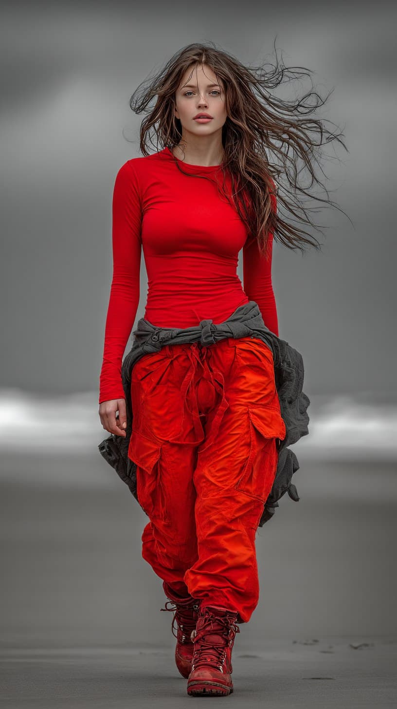 AI generated: A beautiful and captivating young woman facing the camera and swinging her arms by her side as she w...