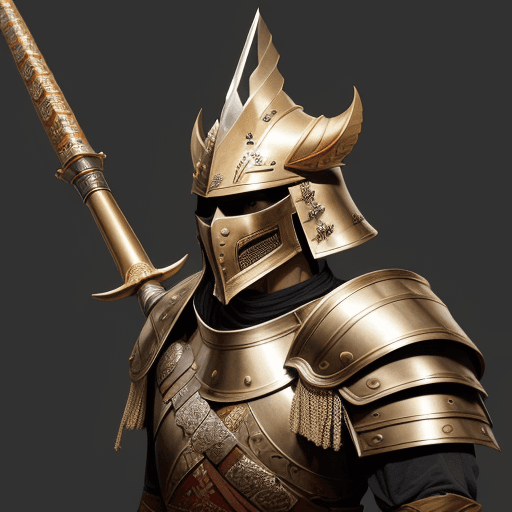 AI generated: Majapahit great commander ,armored, horned helmet, spear, sword, bronze, half face helmet