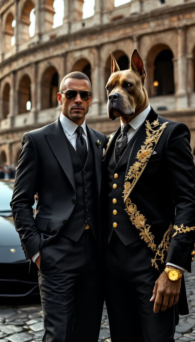 AI generated: An anthropomorphic gogeous Cane Corso in a three-piece suit with a gold watch, accompanied by a man ...