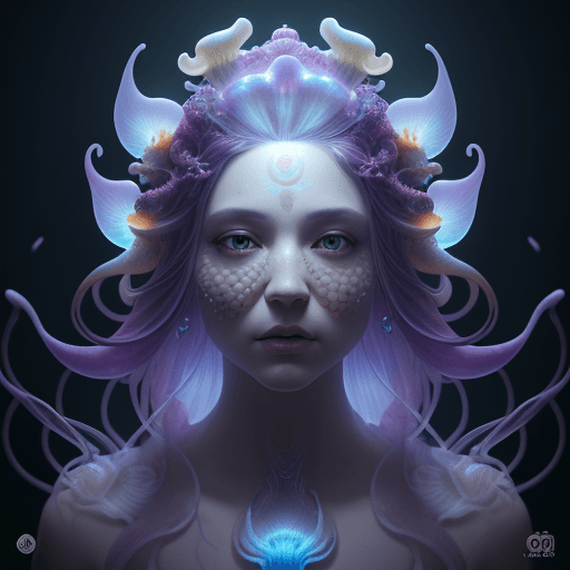 AI generated: Goddess close-up portrait ribcagel. jellyfish phoenix head, nautilus, orchid, skull, betta fish, bio...