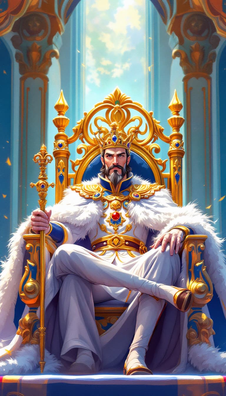 AI generated: A stunning anime-style illustration of a regal king sitting on an ornate golden throne, wearing an i...