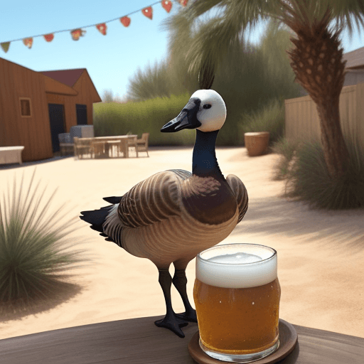 AI generated: drunk goose holding a beer in a back yard in a dessert