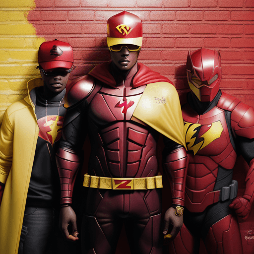 AI generated: EBONY MAN with a red baseball cap backwards, sunglasses, in a red metallic dark knight armour suit w...