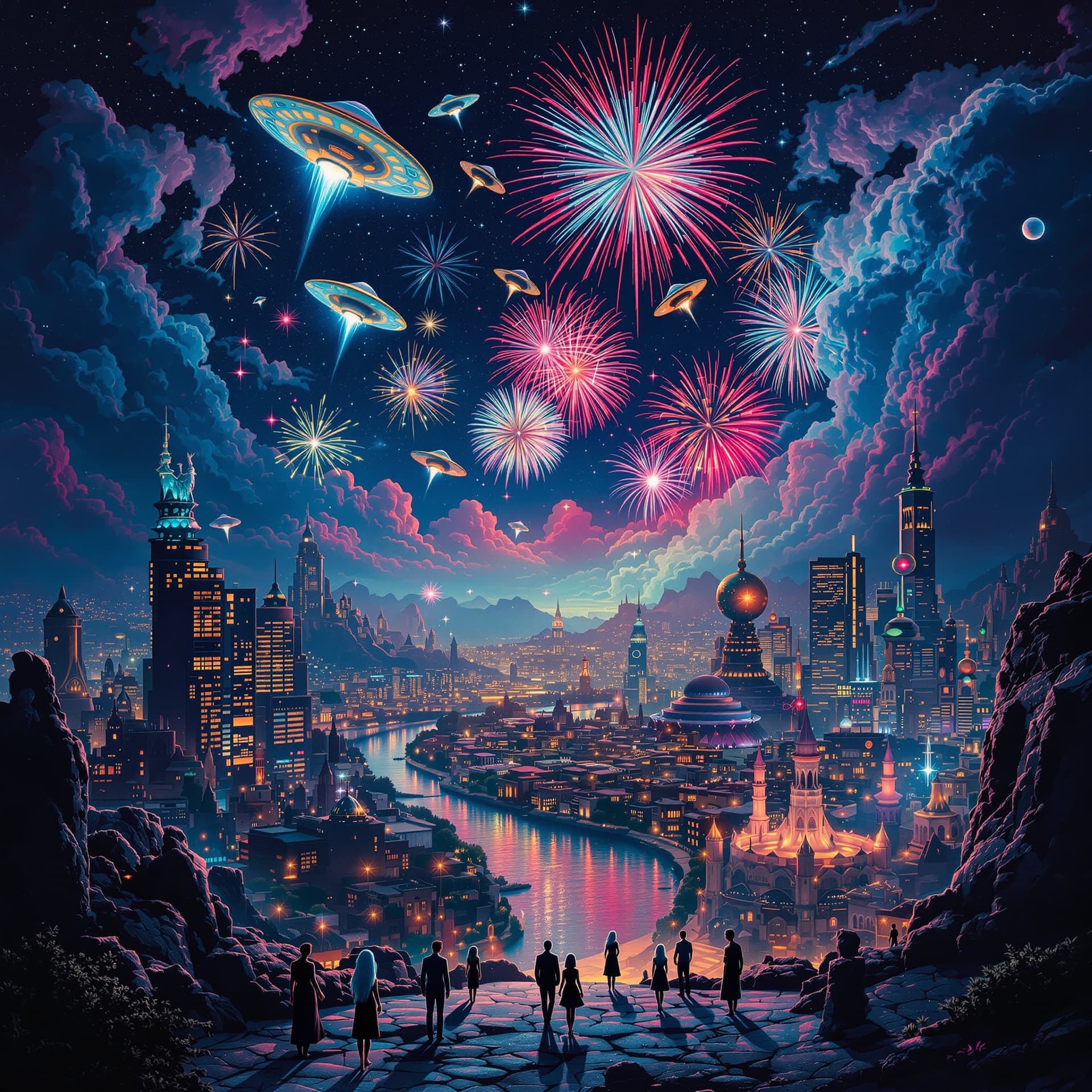 AI generated: Surrealistic, psychedelic. deep color and high detail. A futuristic world at night with dragons flyi...