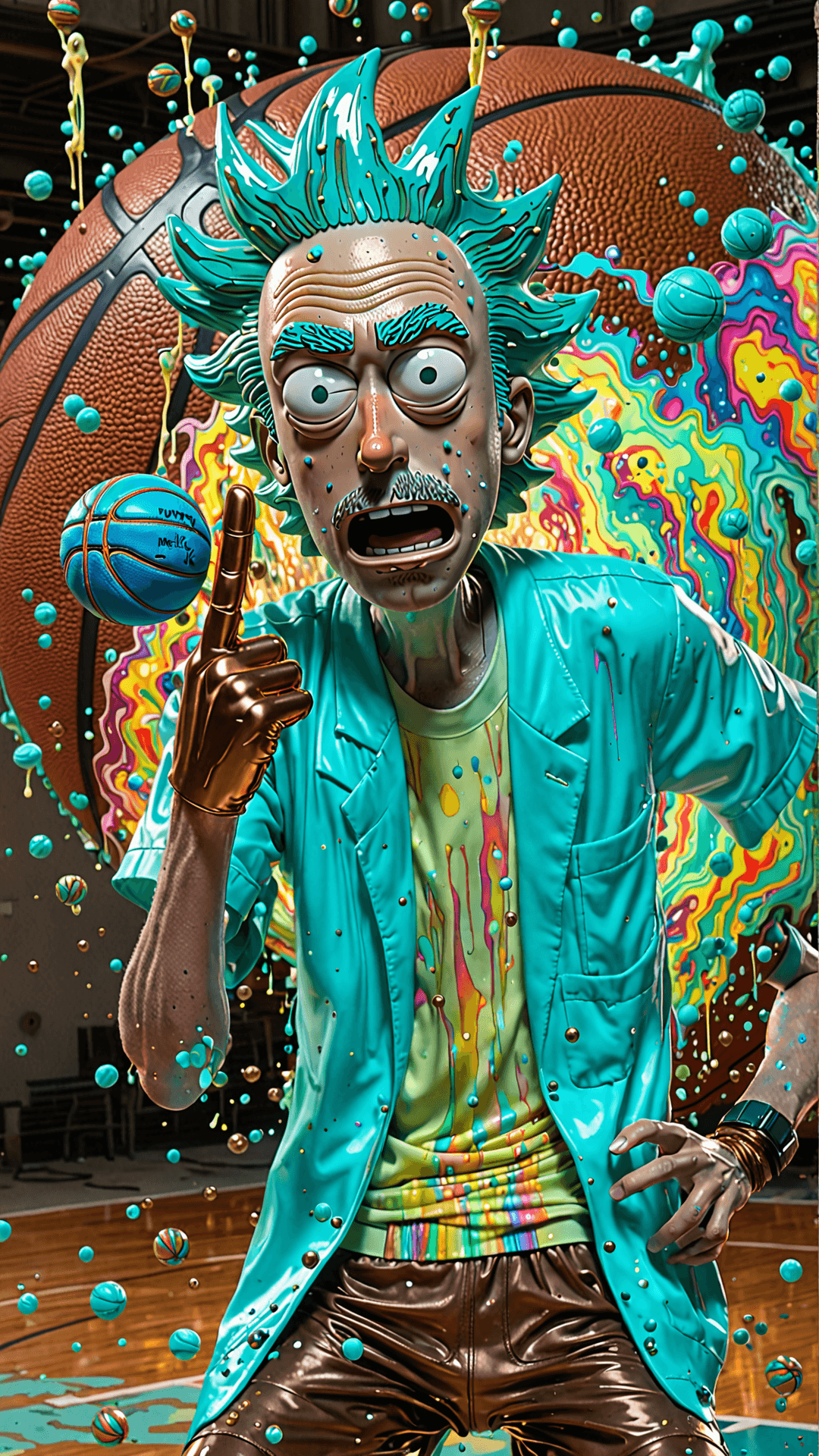 AI generated: Rick from the cartoon "Rick and Morty", spins the globe on his index finger, like basketball player ...