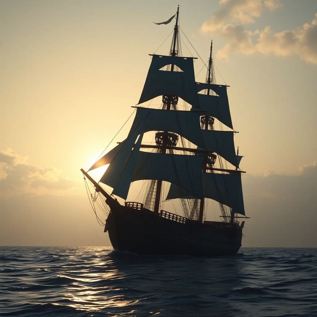 AI generated: Photo of a ultra realistic sailing ship, dramatic light, pale sunrise, cinematic lighting, battered,...