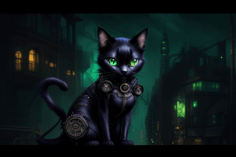 AI generated: steampunk black cat, green eyes, night, neon city, anime style, vibrant blue colors, UHD, HDR, 8K, (...