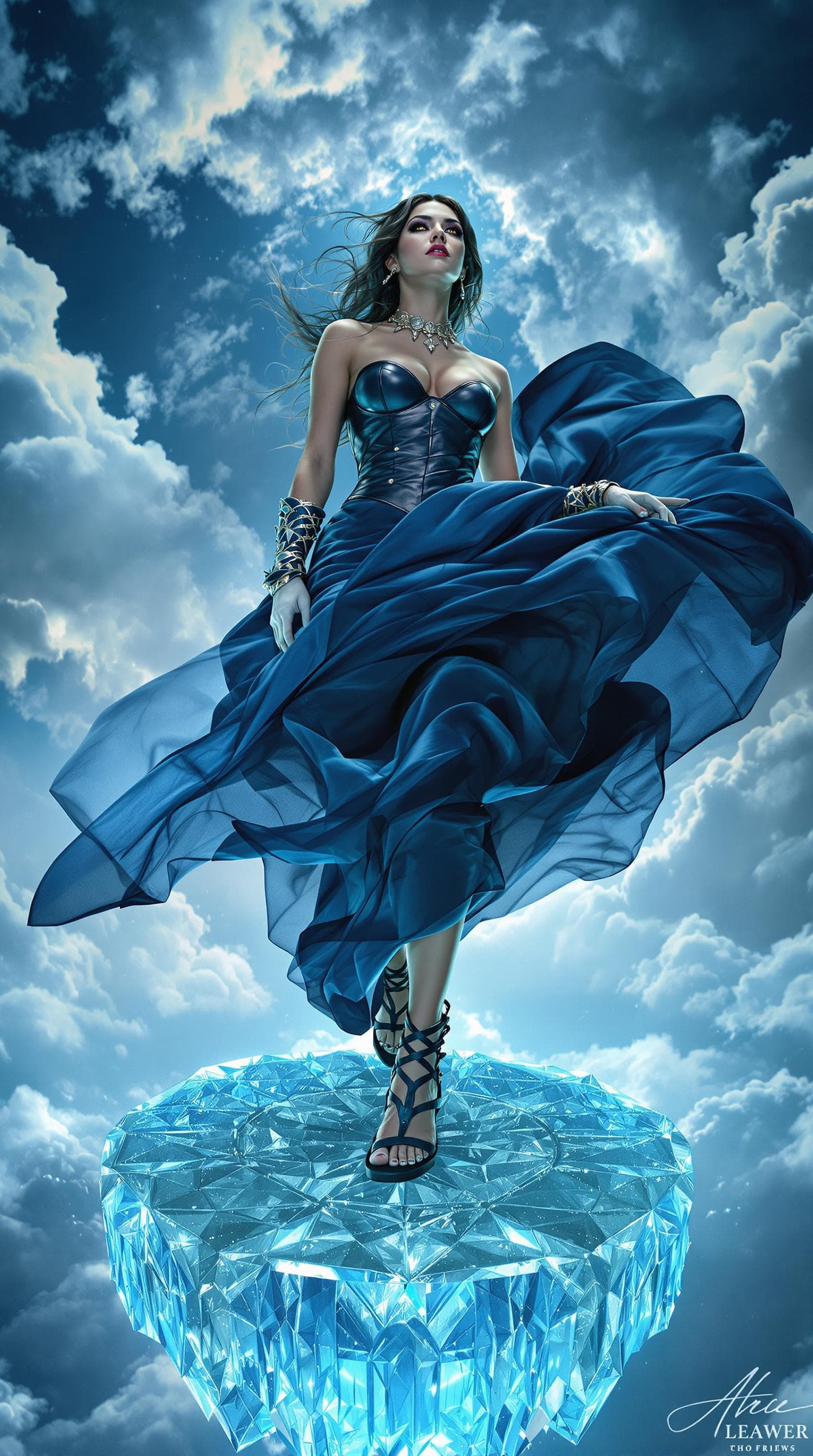 AI generated: A determined woman with striking features and amber eyes, dressed in a leather bodice, a swirling mi...