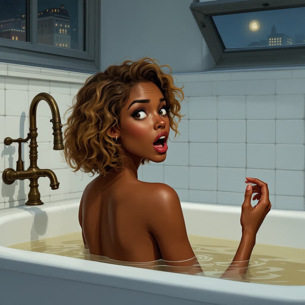 AI generated: A detailed digital illustration in the style of Dimitry Roulland, featuring a woman in a bathtub, fa...
