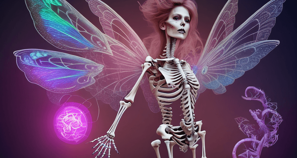 AI generated: full body image of a fairy, fairy skeleton diagram, wing skeleton and anatomical details, breathtaki...