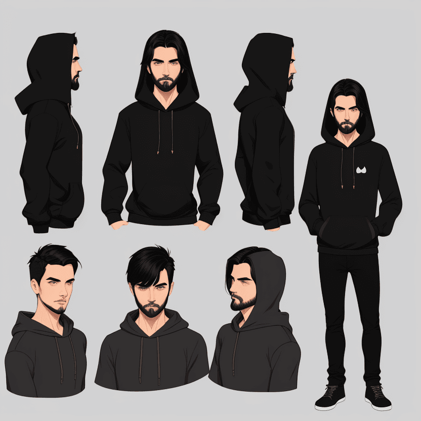 AI generated: Create 1 male character, wearing Hoodie, small short beard, long straight black hair, simple, vector...