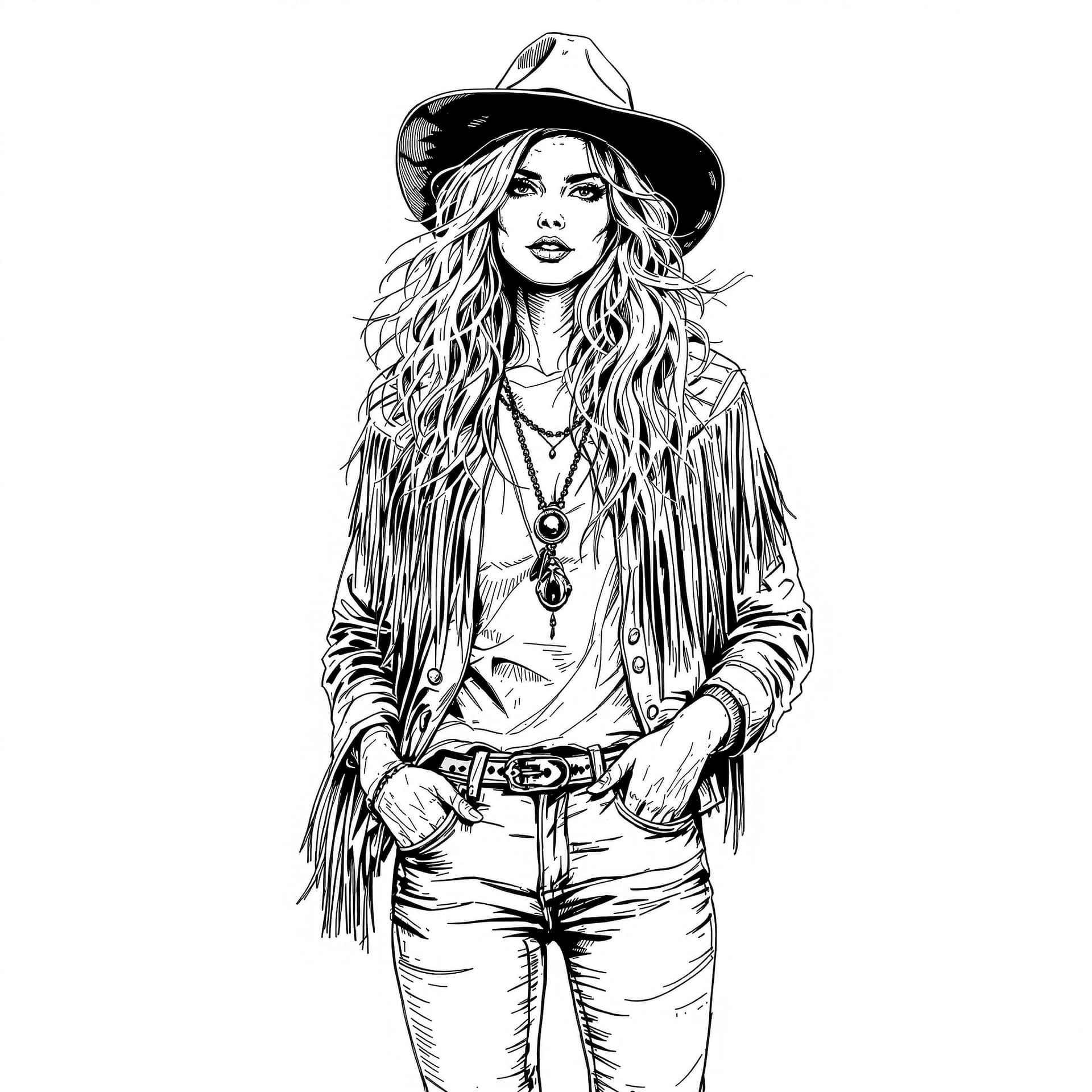 AI generated: pen and ink style stipulated beautiful hippy women wearing a fringe jacket and jeans,