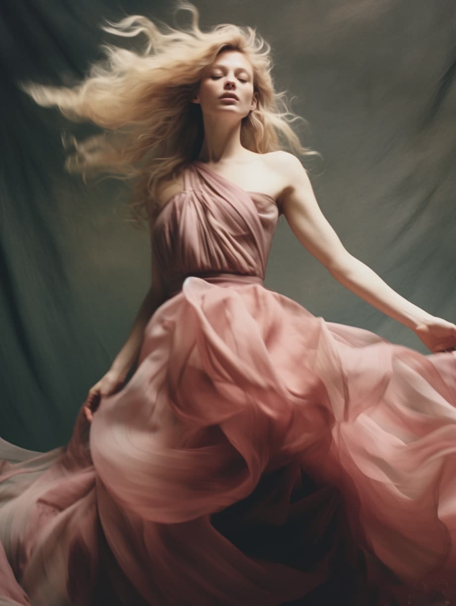 AI generated: a woman in a long dress on the cover of a magazine, dancing elegantly over you, long luxurious light...