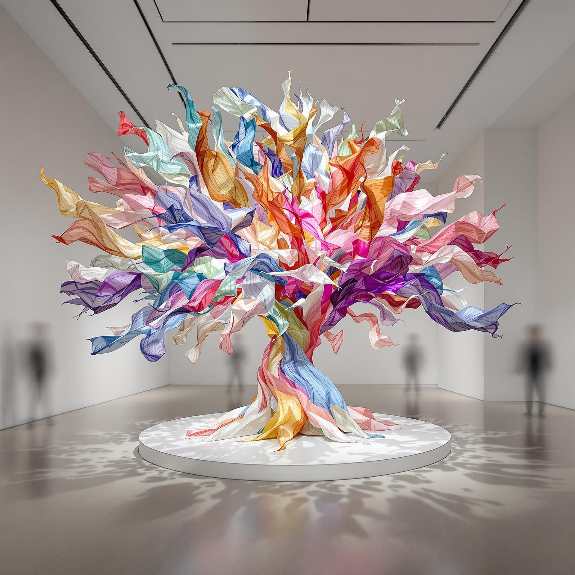 AI generated: Spatial design, colorful silk fabric sculpture located in indoor gallery in ethereal tree style, spe...
