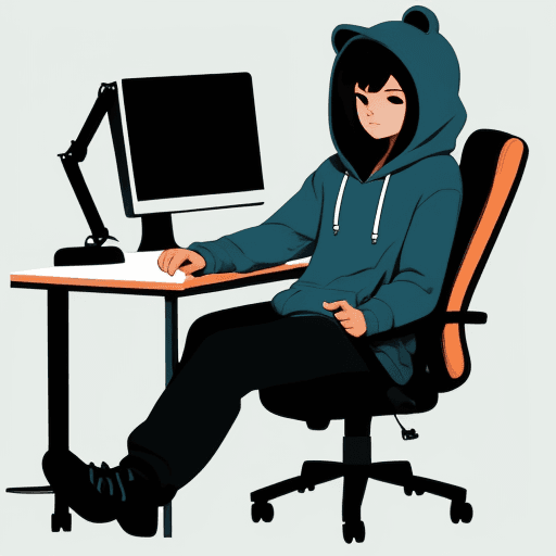 AI generated: Create character, sitting on chair at desk, looking at pc screen, wearing Hoodie and headphones, sim...