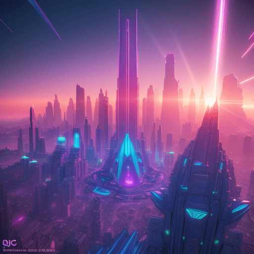 AI generated: futuristic synthwave city, retro sunset, crystals, spires, volumetric lighting, studio Ghibli style,...