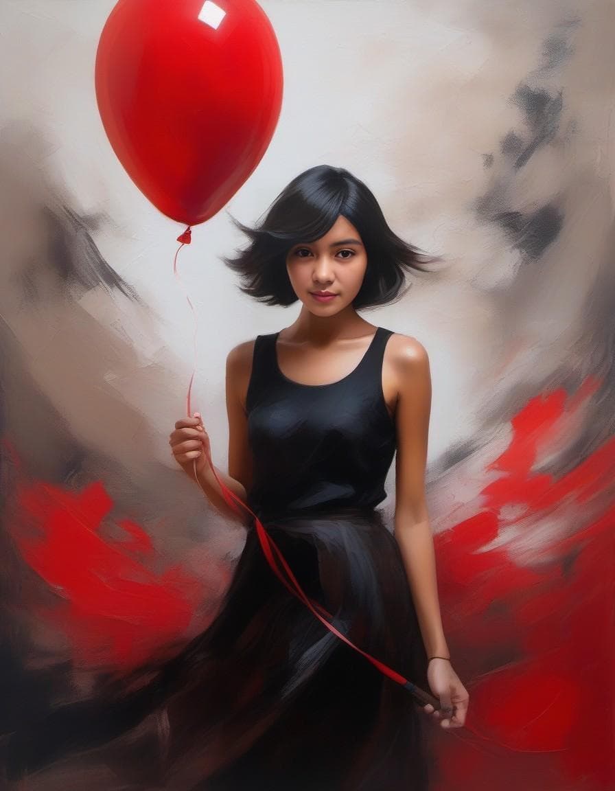 AI generated: a painting of a girl holding a red balloon, in the style of dynamic energy flow, beautifully texture...