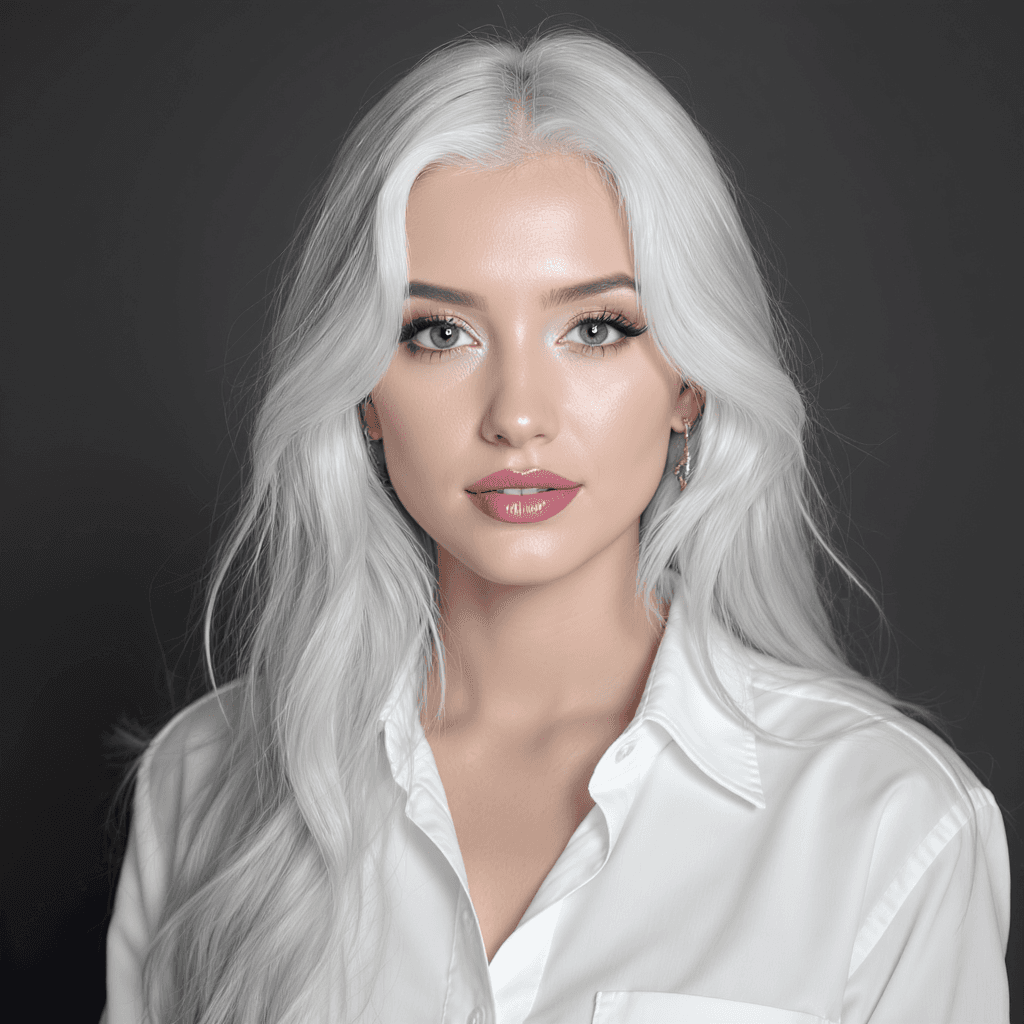 AI generated: Portrait of a female with long white hair, wearing a white shirt, digital colors, subtle illuminatio...