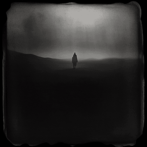 AI generated: perfect composition, strictly in the center of the sheet, mysterious landscape minimalist monochroma...