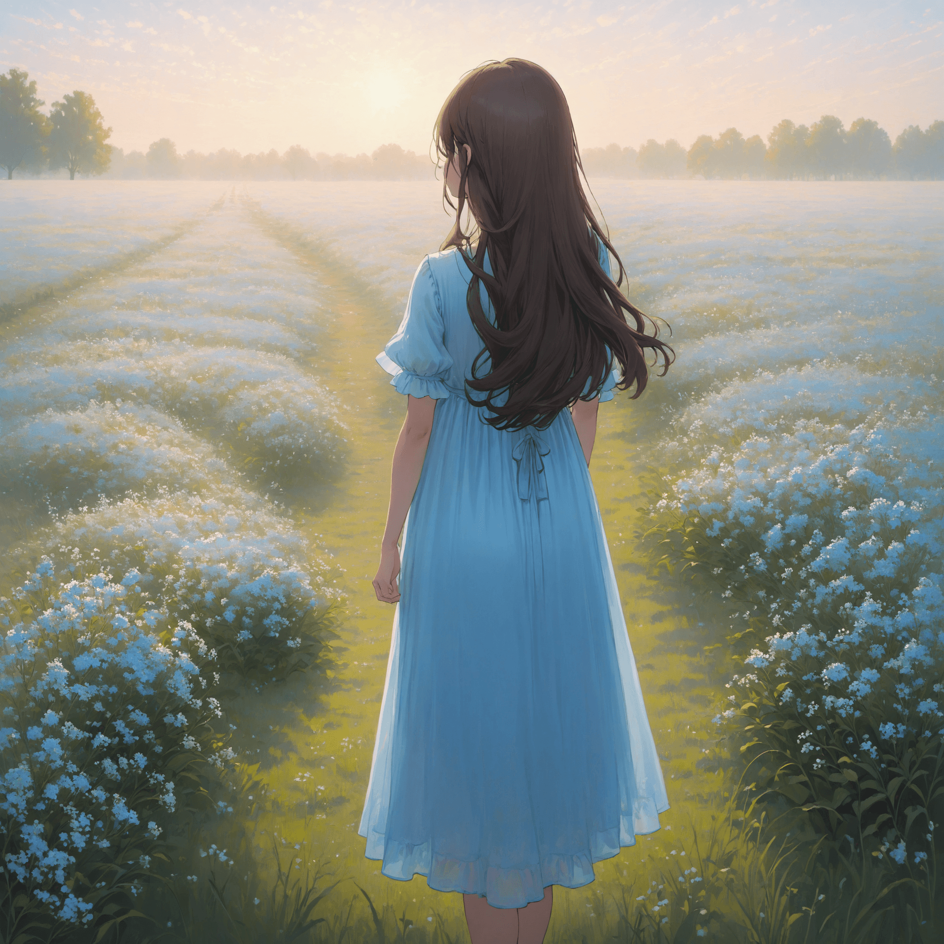 AI generated: (young adult girl, backview: 0.8), long dark brown hair, wearing a modest "light blue dress". Admiri...