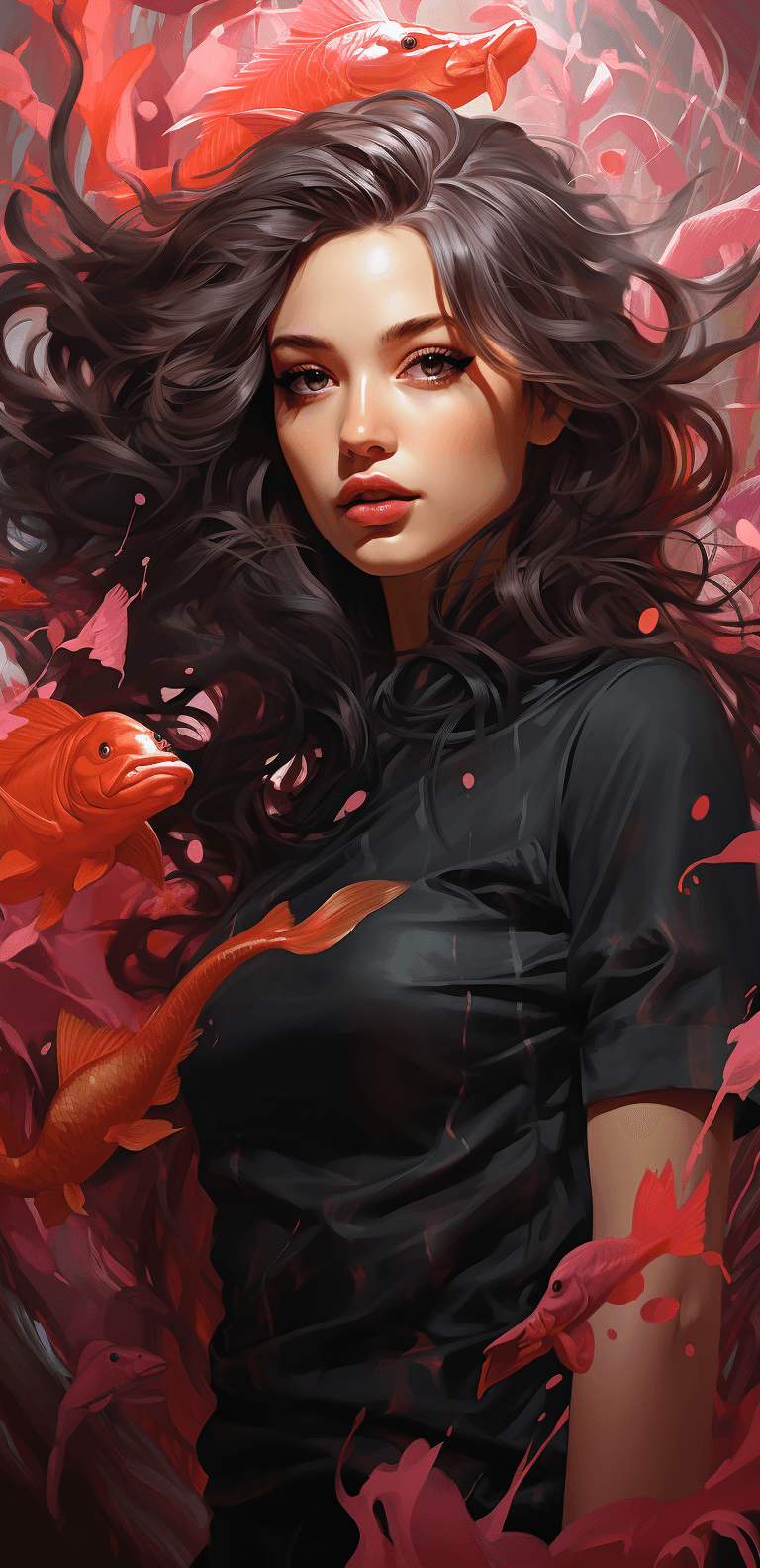 AI generated: a mermaid with on a red background, in the style of artgerm, dark black and magenta, shilin huang, e...