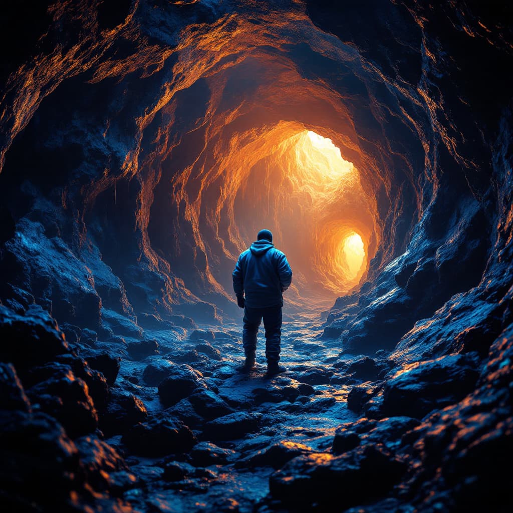 AI generated: DJ Khaled in a cave incredibly lost, 8k, HD, nanites, volumetric lighting