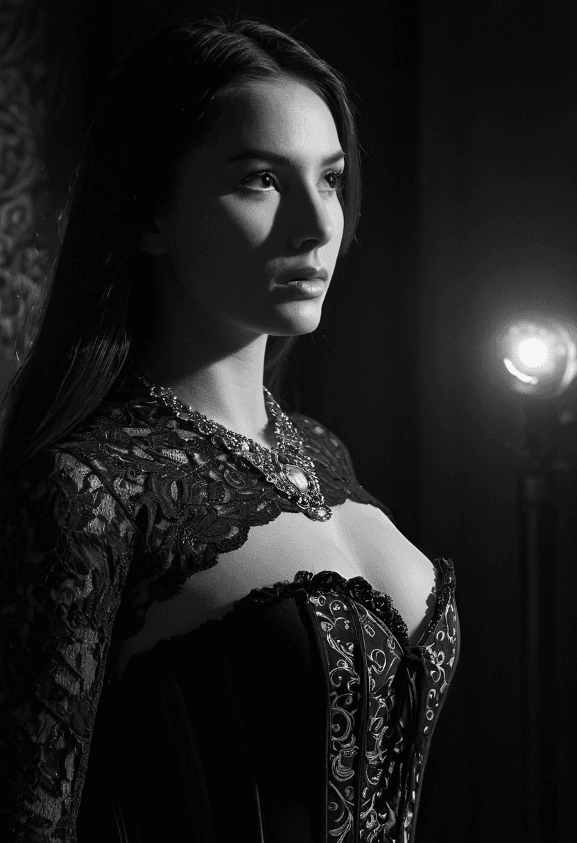 AI generated: concept art A grayscale portrait of a woman with elaborate,detailed attire and a serious expression.