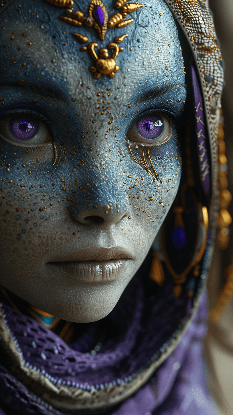 AI generated: 
alien woman, indigenous features, purple eyes, photography, a cinematic scene, hiper-realista, ima...