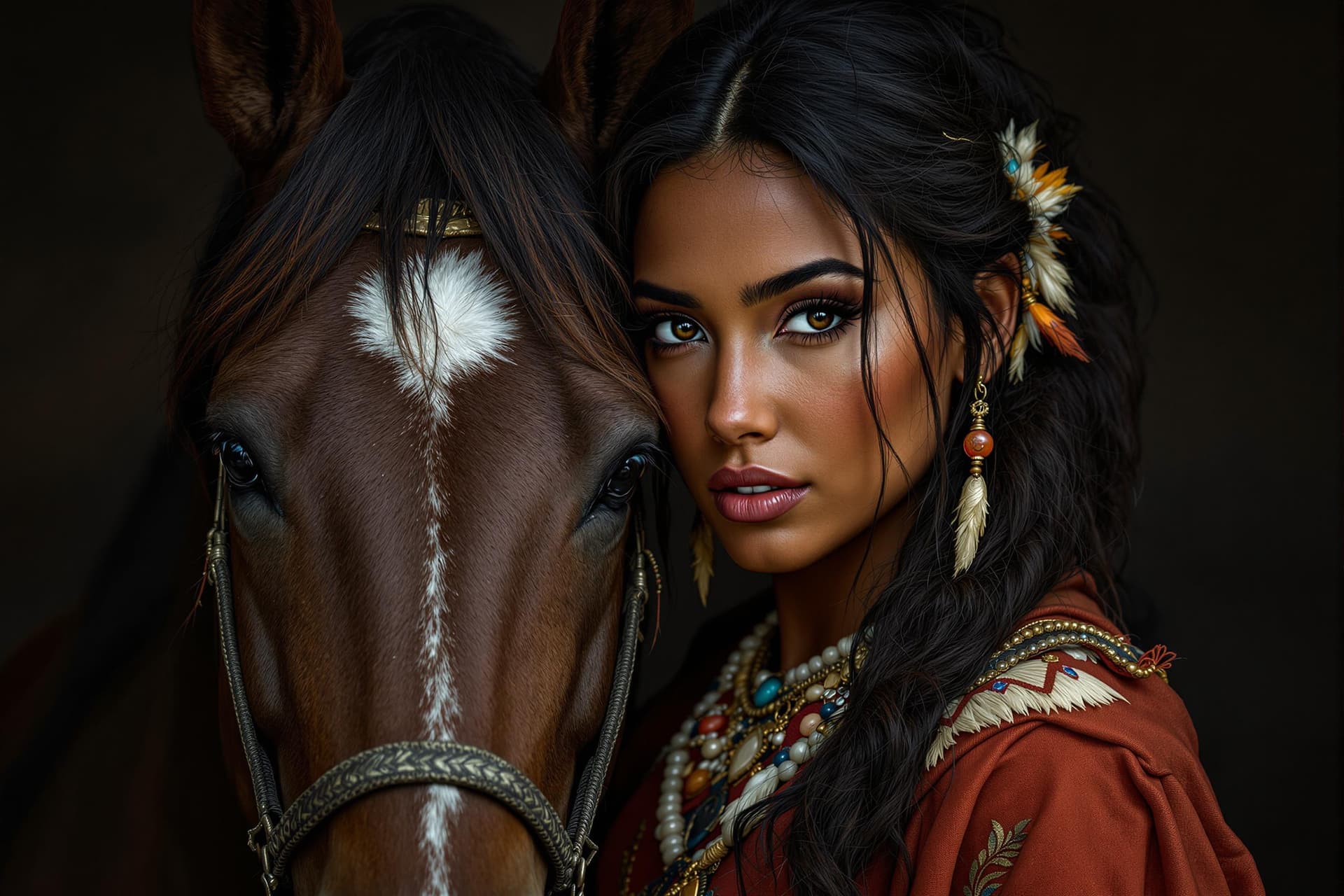 AI generated: Une belle jeune femme amérindienne aux cheveux et aux yeux noirs se tient à côté de son cheval. La f...