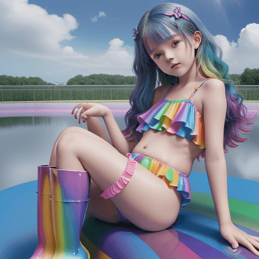 AI generated: Rainbow angel lolicon child with a round belly sitting down in in the clouds in her rainbow-colored ...