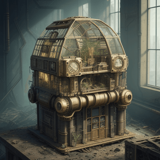 AI generated: Steampunk, human extinction, plants, furniture, greenhouse gas, dream, future, inanimate, carbon-bas...