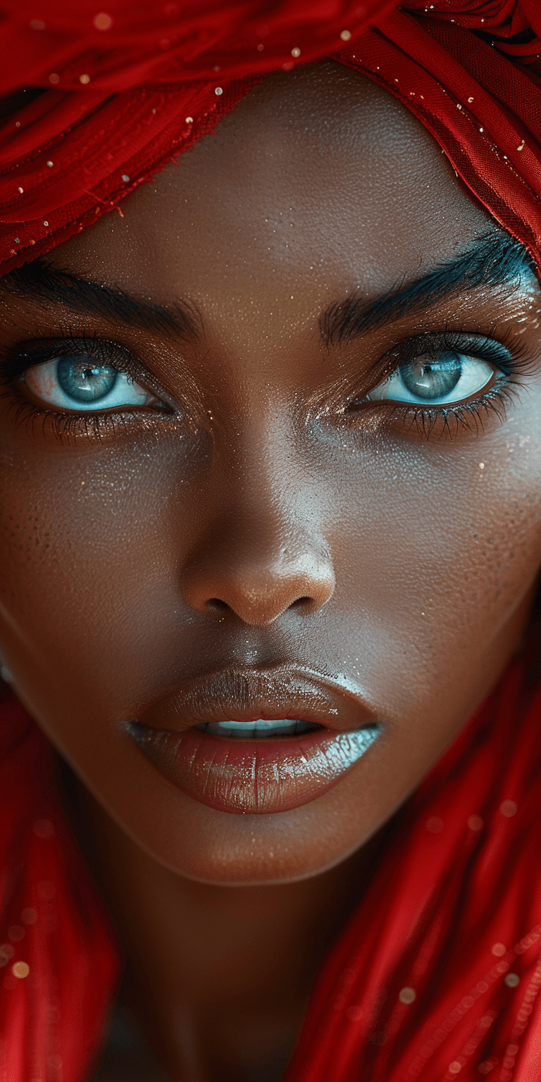 AI generated: African woman wearing a traditional red head wrap, close up on her face, in the style of hyper-reali...