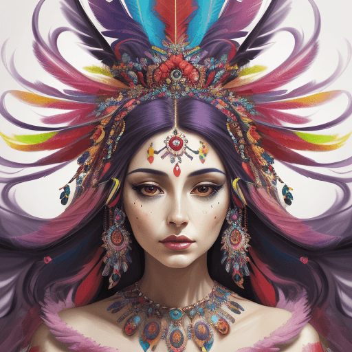 AI generated: a close up of a woman with a colorful feathered headpiece, art of alessandro pautasso, beautiful art...